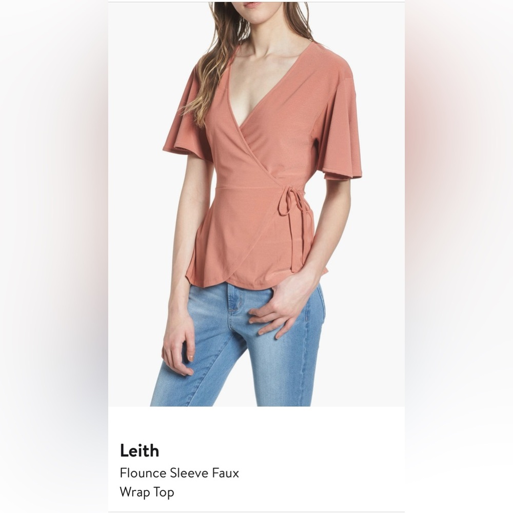 LEITH Salmon Pink Top. Side drawstring. Low cut, peplum fit.